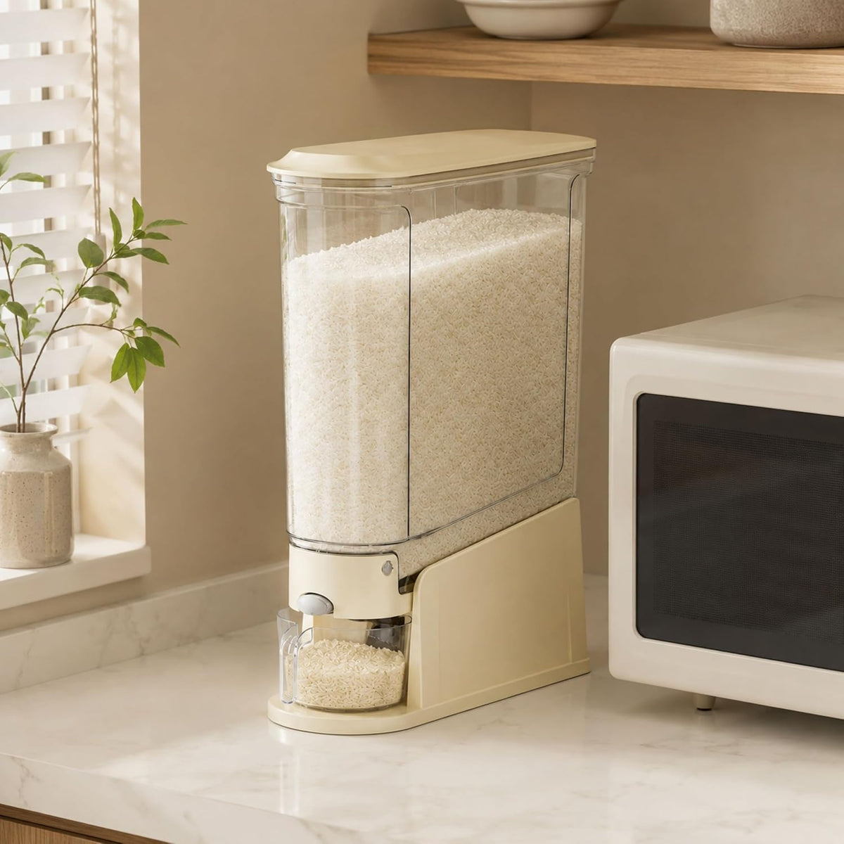 ROOM127 Rice Dispenser 22 Lbs, Large Airtight Grain Container, Cream White | Family Size Storage, BPA-Free, Moisture-Proof Seal, One-Touch Pouring, Clear Window, for Cereal, Beans, Oats & Dry Food
