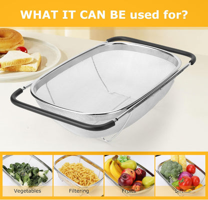 ZDRongZhen Kitchen Accessories Over the Sink Colander Strainer Basket，Stainless Steel Colander with Expandable Rubber Grip Sink Drainer-Rinse Vegetables Fruits &Strain&Drain (Large-Fine mesh)