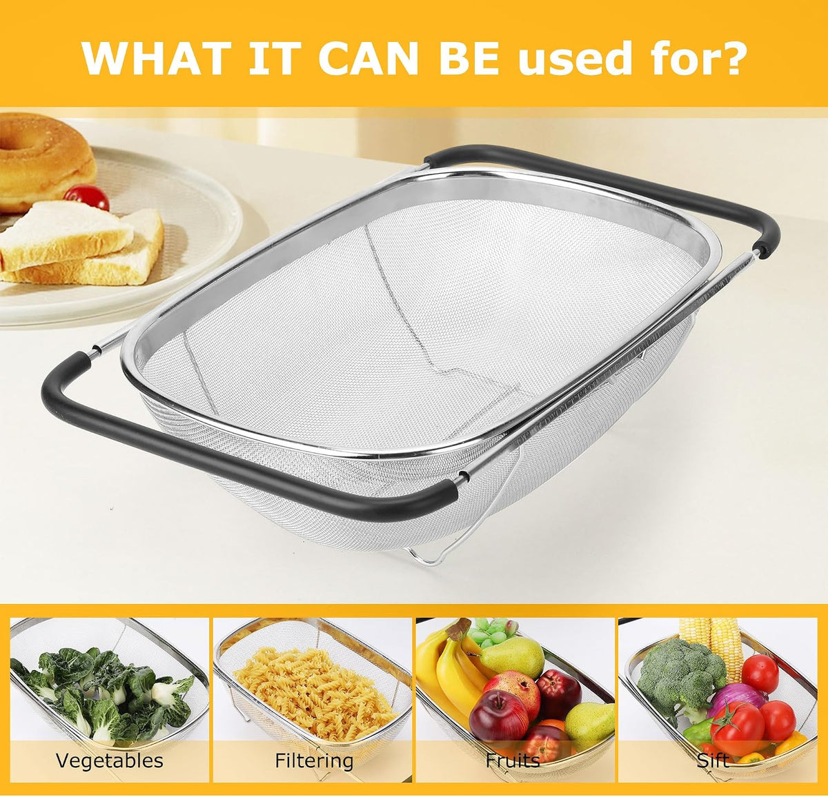 ZDRongZhen Kitchen Accessories Over the Sink Colander Strainer Basket，Stainless Steel Colander with Expandable Rubber Grip Sink Drainer-Rinse Vegetables Fruits &Strain&Drain (Large-Fine mesh)