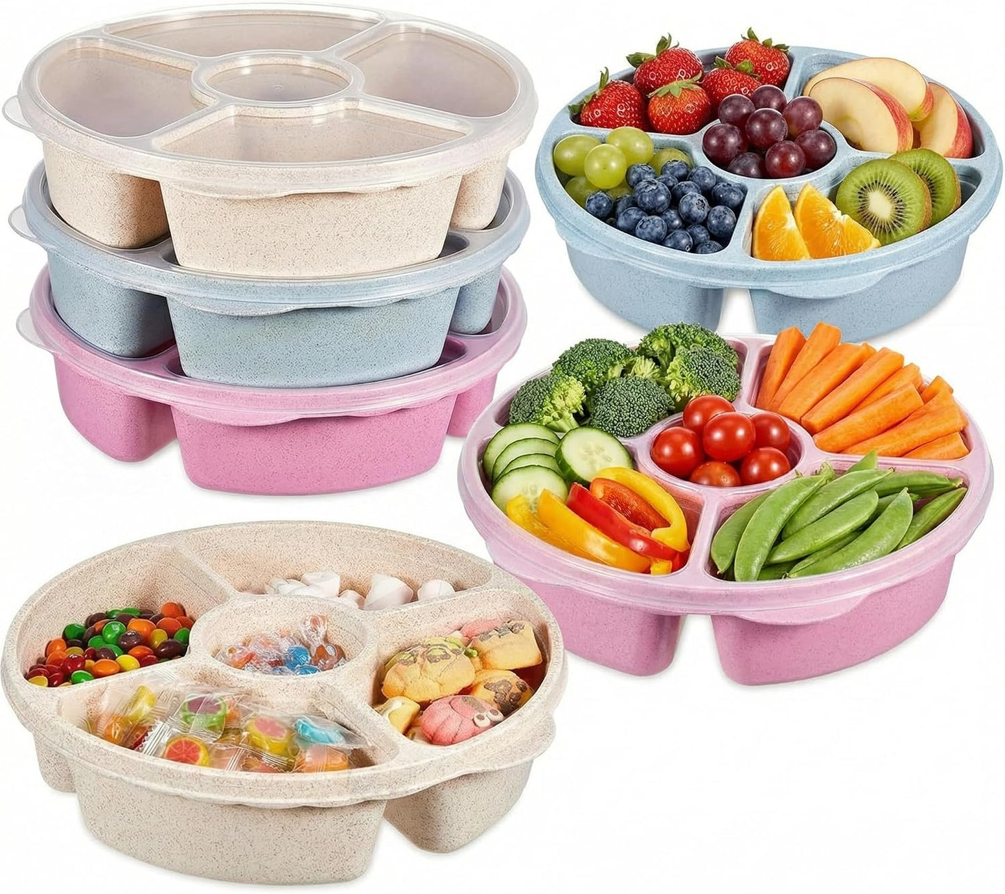 Kigley 6 Pcs Divided Serving Tray with Lid Veggie Tray with Lid for Fridge 5 Compartment Vegetable Platter Fruit Platter Reusable Round Food Container Plastic Serving Dish for Lunch Meal Snack Storage