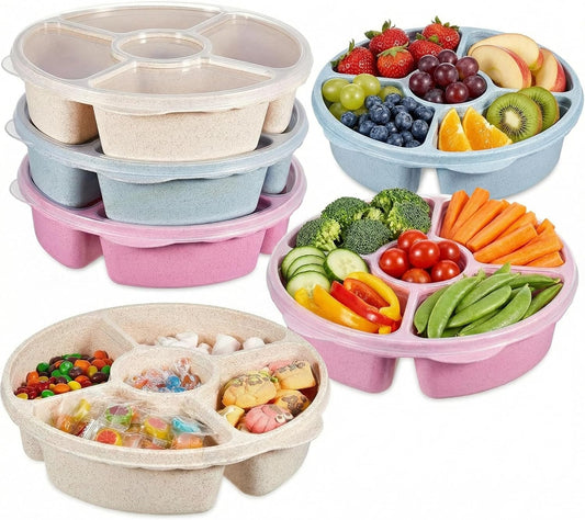 Kigley 6 Pcs Divided Serving Tray with Lid Veggie Tray with Lid for Fridge 5 Compartment Vegetable Platter Fruit Platter Reusable Round Food Container Plastic Serving Dish for Lunch Meal Snack Storage