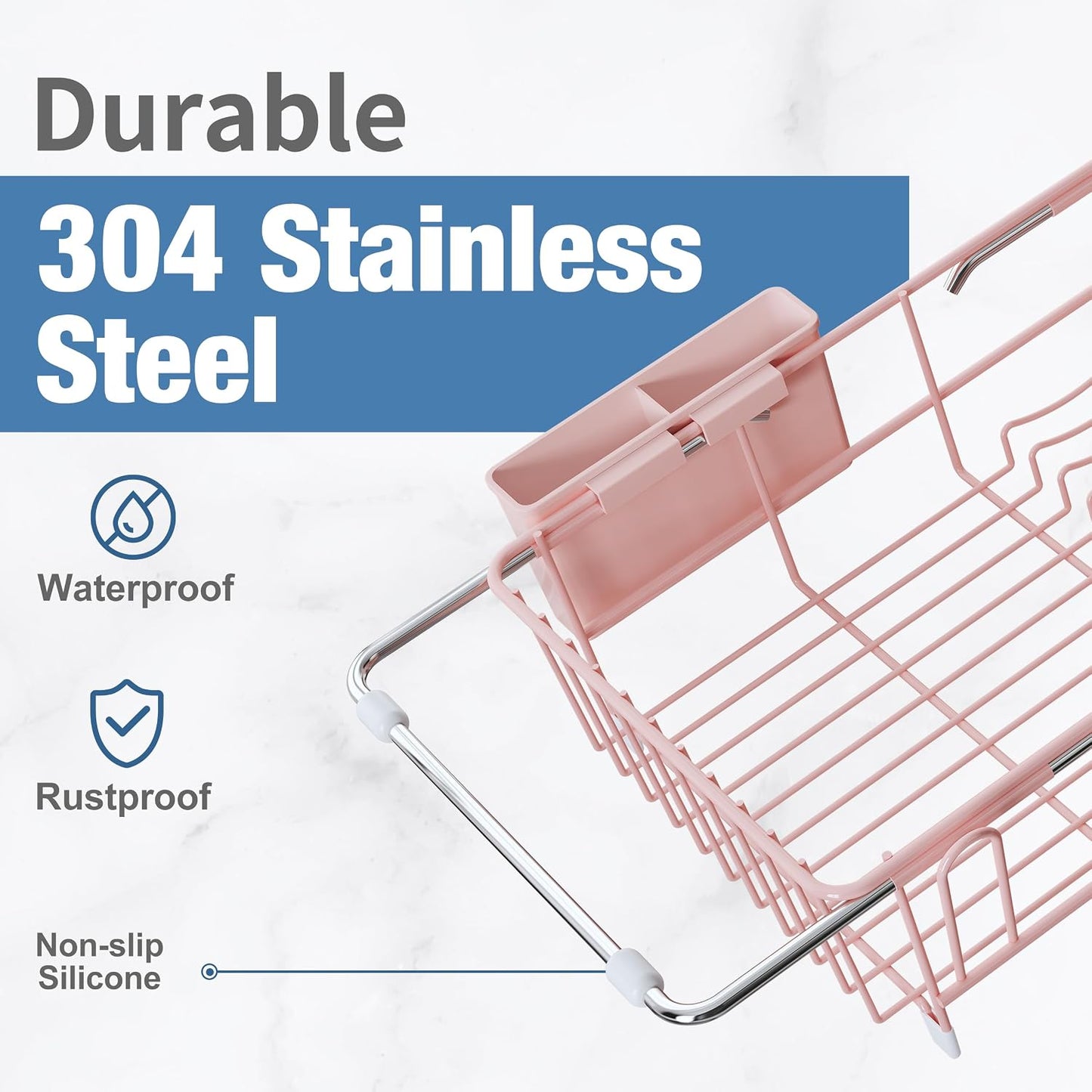 JASIWAY Dish Drying Rack in Sink, Expandable Stainless Steel Dish Drainers for Kitchen Counter, Dish Dryer Rack for Inside Sink, Over The Sink Dish Racks with Utensil Holder, Silver