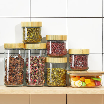 Suclain 12 Pcs Airtight Glass Food Storage Containers with Bamboo Lids Set Including 4 Pieces Meal Prep Glass Containers Lunch Bento Boxes and 8 Pieces Overnight Oats Jars Snack Storage Salad Jars