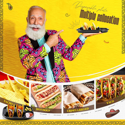 Baderke 40 Pack Disposable Plastic Taco Plates, Fiesta Tacos Holder Tray PP Taco Holder Plates with 2 Dividers for Soft & Hard Shells for Tacos Tuesday Bar, Parties, Picnics (Black)
