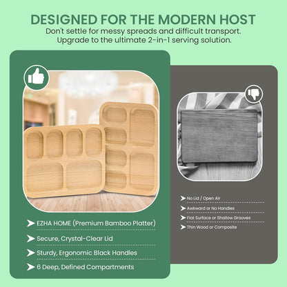 Bamboo Charcuterie Board with Clear Lid, Portable Serving Tray with Handles and Compartments, Cheese Board & Snack Platter for Parties, Travel & Entertaining.