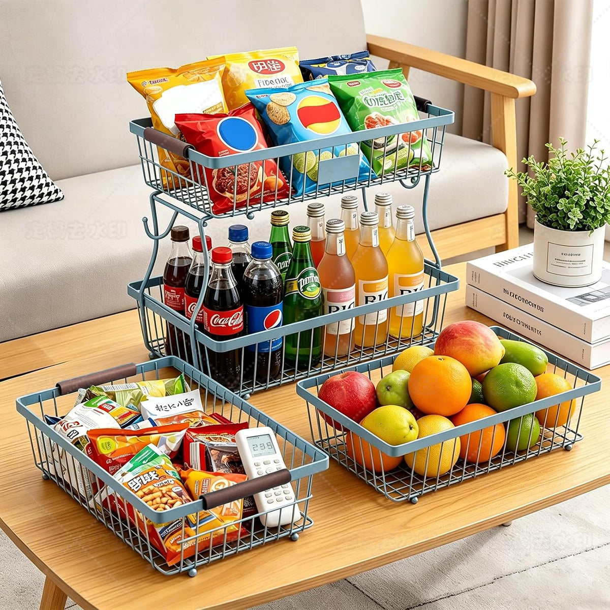 2-Tier Stackable Wire Basket with 2 Banana Hooks, Pantry Organizer for Kitchen Countertops, Cabinets & Under-Sink Spaces; Ideal for Storing Snacks, Fruits, Veggies, Onions, Potatoes, & More,Black