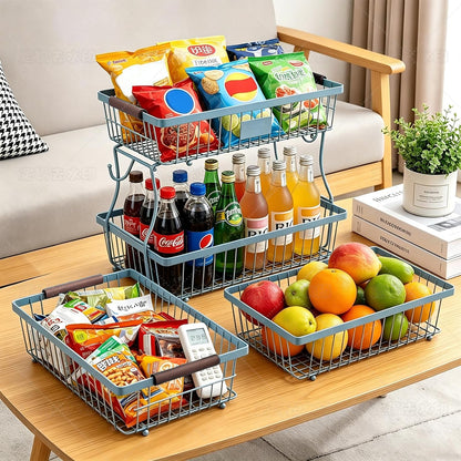 2-Tier Stackable Wire Basket with 2 Banana Hooks, Pantry Organizer for Kitchen Countertops, Cabinets & Under-Sink Spaces; Ideal for Storing Snacks, Fruits, Veggies, Onions, Potatoes, & More,Black