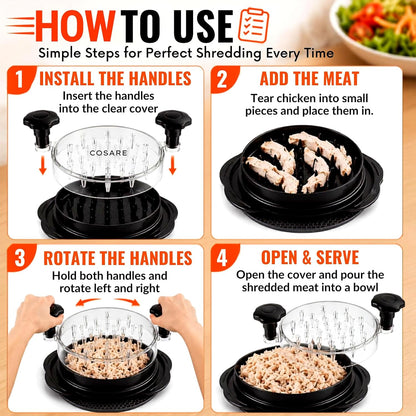 COSARE Chicken Shredder Tool Twist Large, Meat Shredder for Chicken Breast, Pork & Beef, BPA Free, Strong Anti-Slip Strip, Ergonomic Handle, Meat Claws, Tong, Brush & Mat - Red