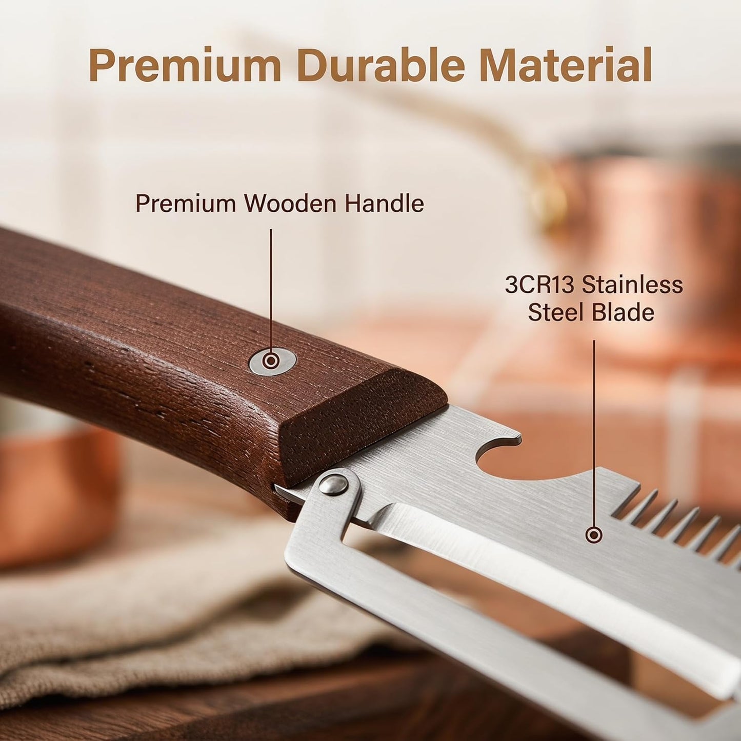 Multifunctional Vegetable Peeler, 3-In-1 Kitchen Gadget With Wooden Handle, Bottle Opener And Shredder, Suitable For Potatoes, Pumpkins, Carrots And Other Vegetables Or Fruits. (1)