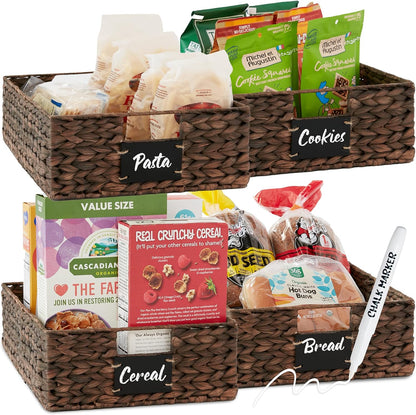 Best Choice Products Set of 4 9x12in Water Hyacinth Pantry Baskets, Woven Organizers w/Chalkboard Label, Chalk Marker - Natural