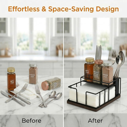 Napkin Holder for Table, 3-in-1 Wood & Metal Utensil Caddy, Cutlery Organizer & Spice Rack for Kitchen Counter, Dining, Outdoor Patio (Black)