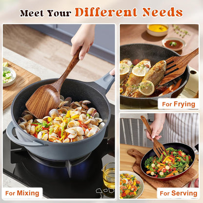 Wooden Spatula, Acacia Solid & Slotted Turner Spatula Set, Long Handle Flat Frying Spatulas, Ideal Kitchen Gift for Mother and Grandma, Kitchen Utensils Set for Cooking, Frying, Baking