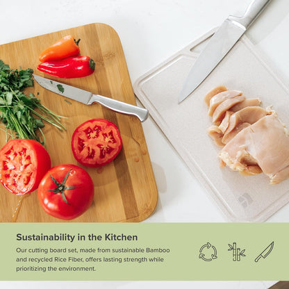 KitchenEdge Premium Acacia Cutting Board with Nesting Rice Fiber Chopping Board for Cooking Prep, 2 Piece Kitchen Set, Non-Slip Feet with Juice Groove, Heavy Duty, Pre Oiled, 17” x 12.5”