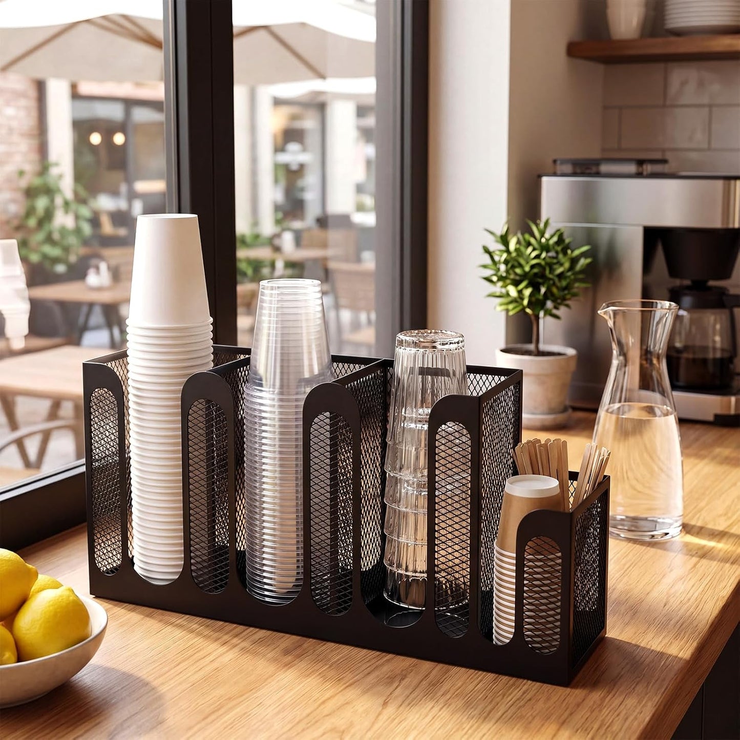 Maxcheck Metal Mesh Cup and Lid Holder Coffee Paper Cup Dispenser Lid Holder Storage Organizer Countertop or Wall Mount for Coffee Bar, Kitchen, Breakroom(4 Compartments,16.1 x 4.1 x 8 Inch)
