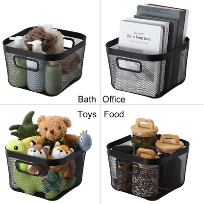 MorningRo 6 Pack Metal Mesh Basket with Hollow Handles Black Wire Storage Bin for Organizing Stackable Metal Fine Mesh Basket for Pantry Bathroom Kitchen Cabinets Shelves (Medium)