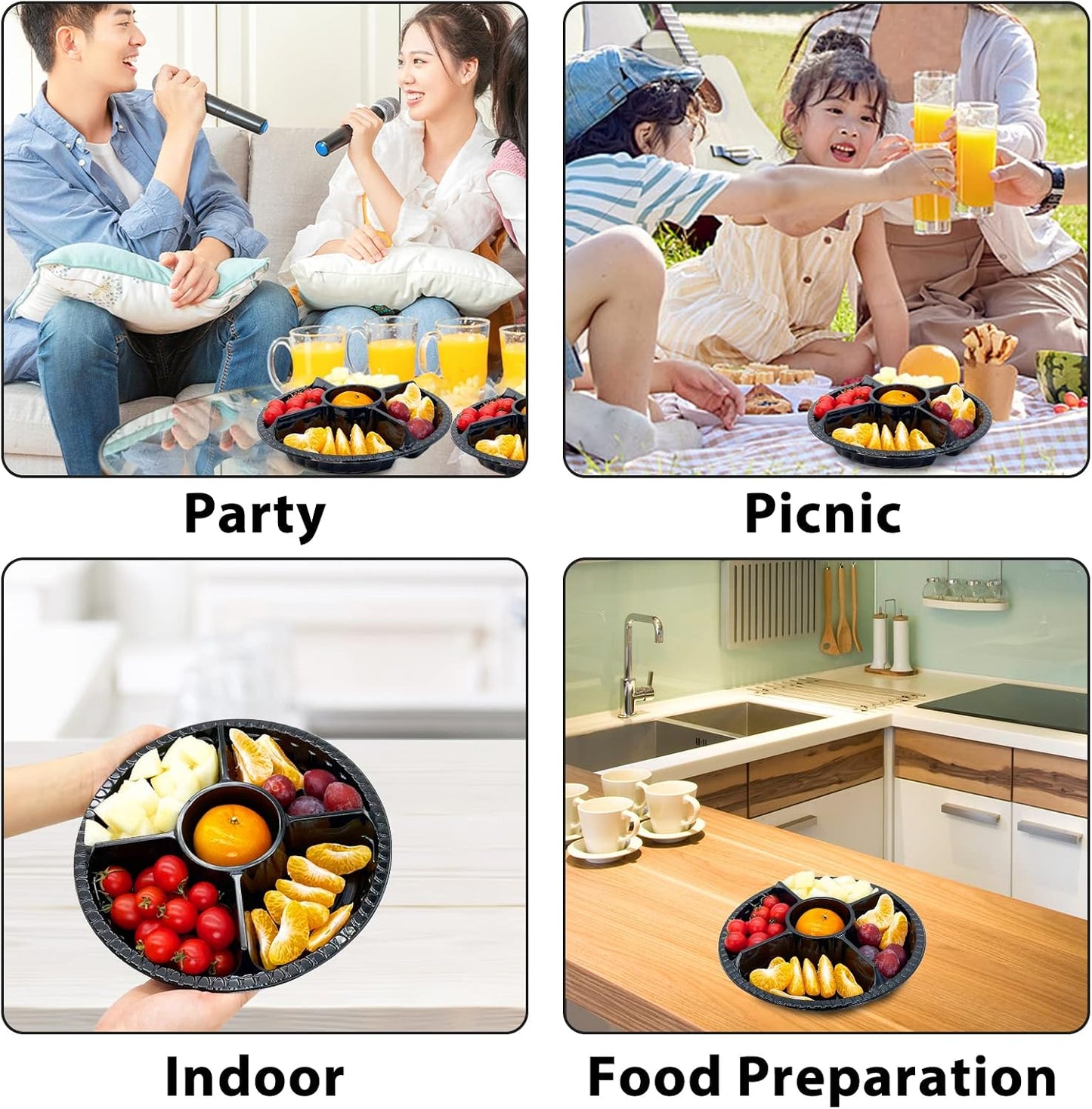 12Pcs Disposable Fruit Trays, Round Plastic Appetizer Serving Tray with Lid 5 Compartment Party Platters Divided Food Dip Containers for Snack Vegetable Salad Veggie Fruit Organizer-Black