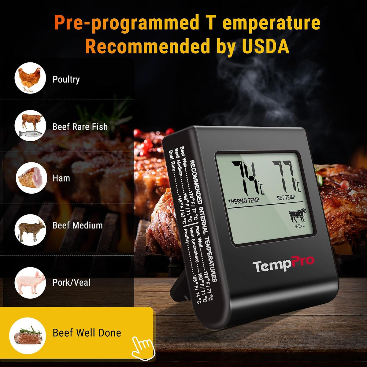 TempPro TempTrack Large LCD Digital Meat Thermometer for Cooking, Smoking