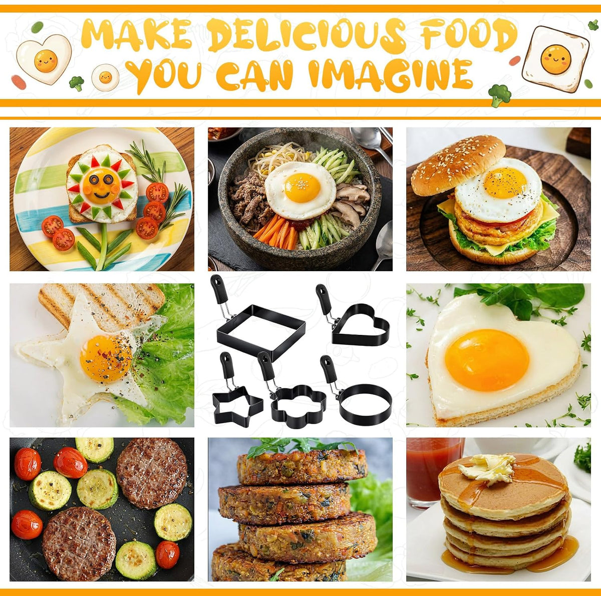5 Pcs Egg Rings for Frying Eggs Nonstick Pancake Shapers, Assorted