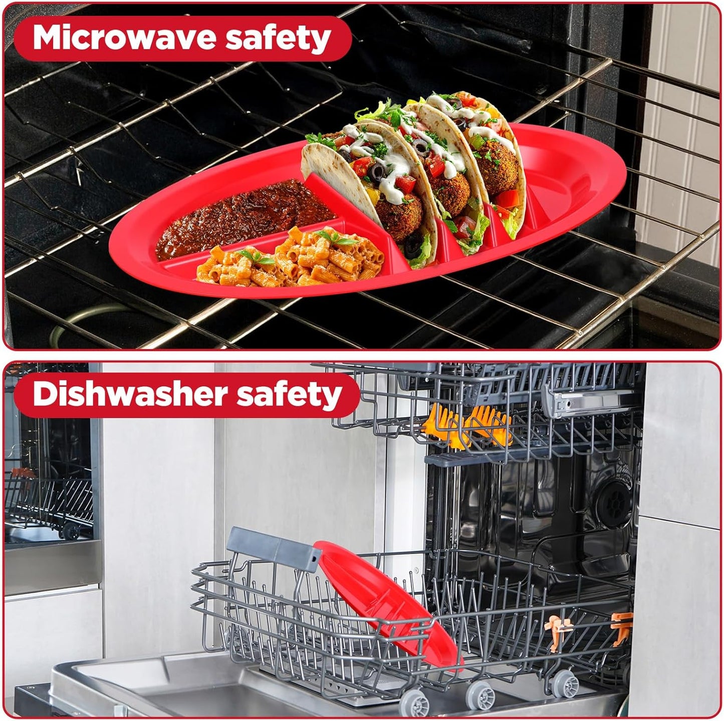 12 Pack Colorful Plastic Taco Plates – Reusable Taco Holder with Dividers for 3 Tacos & 2 Dipping Areas, BPA-Free, Dishwasher & Microwave Safe (Red, Yellow, Green)