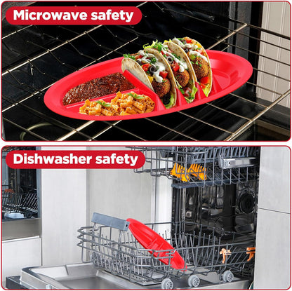 12 Pack Colorful Plastic Taco Plates – Reusable Taco Holder with Dividers for 3 Tacos & 2 Dipping Areas, BPA-Free, Dishwasher & Microwave Safe (Red, Yellow, Green)