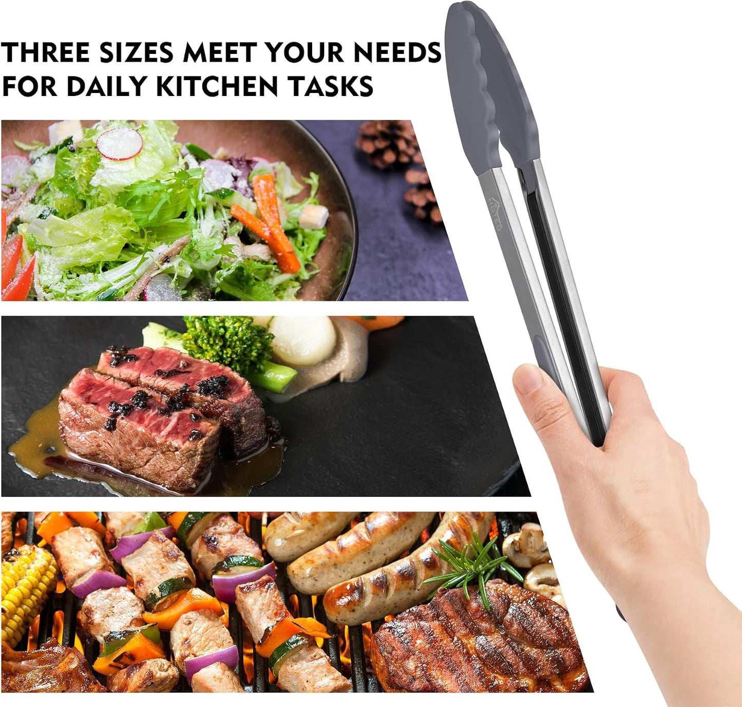HOTEC Premium Stainless Steel Locking Kitchen Tongs with Silicon Tips, Set of 2-9" and 12"