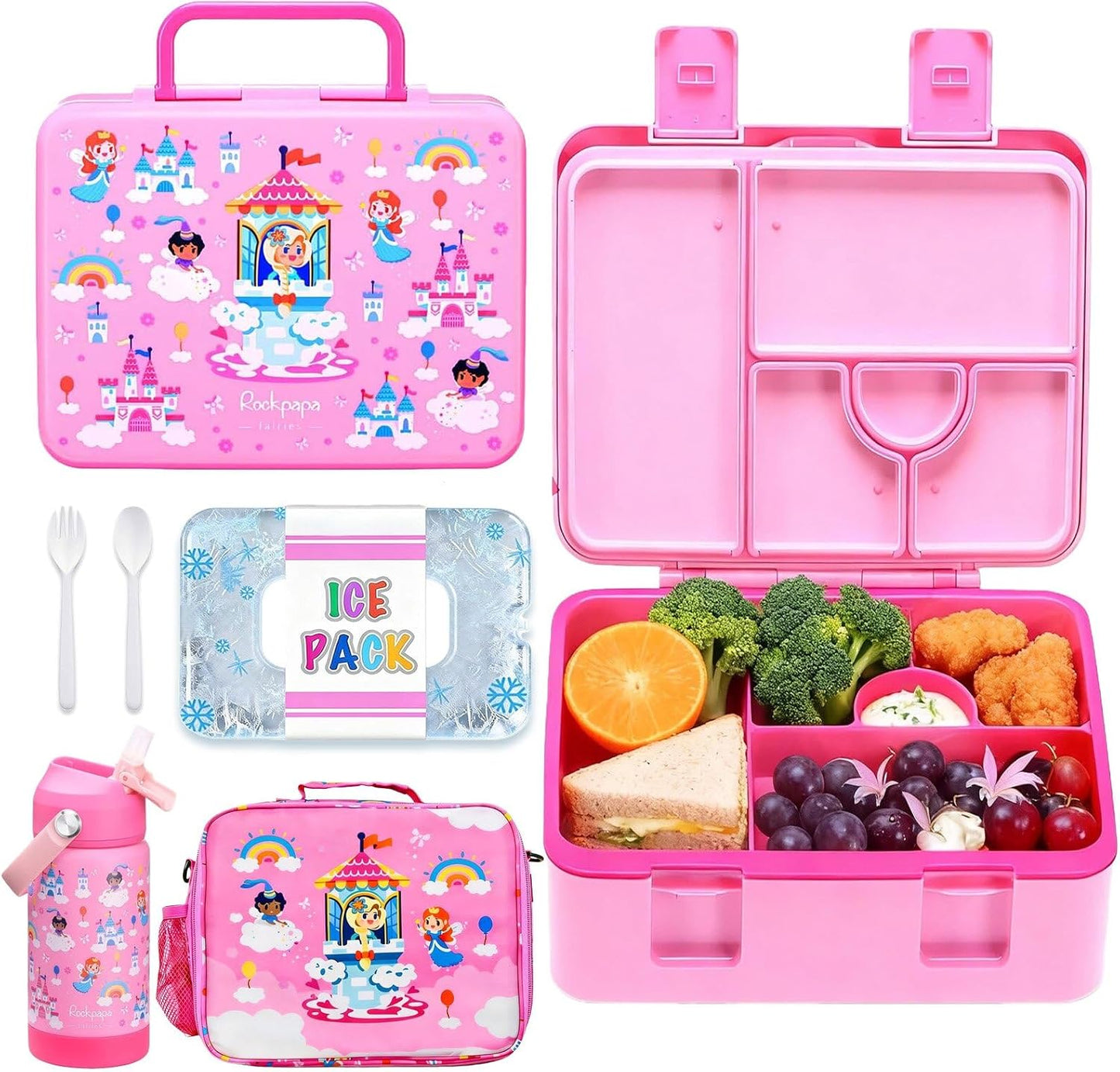 rockpapa Chill Kids Lunch Box Set with Leakproof 5.5 Cups Bento Box, Reusable Ice Pack, 14oz Insulated Water Bottle & Lunch Bag, BPA-Free Microwave Safe for School Boys Girls (Black Games)