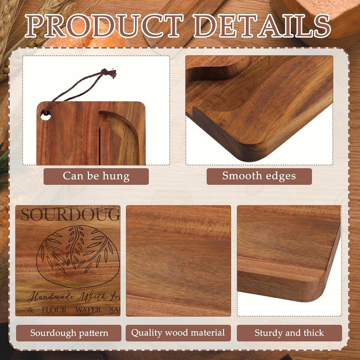 15.3 Inch Acacia Wooden Sourdough Bread Slicer Set, Adjustable Thickness Bread Acacia Cutting Board with Groove Curved Handle Knife for Bakers Sourdough Lover Gifts