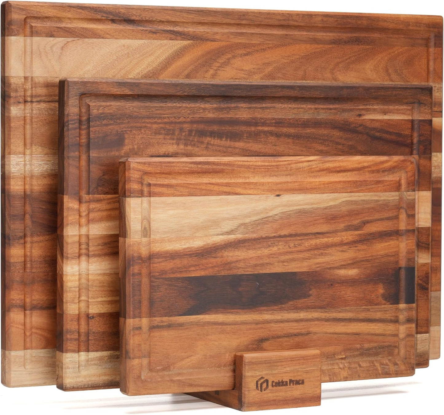 Acacia Wood Cutting Board Set with Stand | 3 Pcs Knife-Friendly Non-Slip Wooden Cutting Boards for Kitchen | 0.7″Thick Butcher Block | Large Solid Chopping Boards with Juice Groove