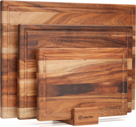 Acacia Wood Cutting Board Set with Stand | 3 Pcs Knife-Friendly Non-Slip Wooden Cutting Boards for Kitchen | 0.7″Thick Butcher Block | Large Solid Chopping Boards with Juice Groove