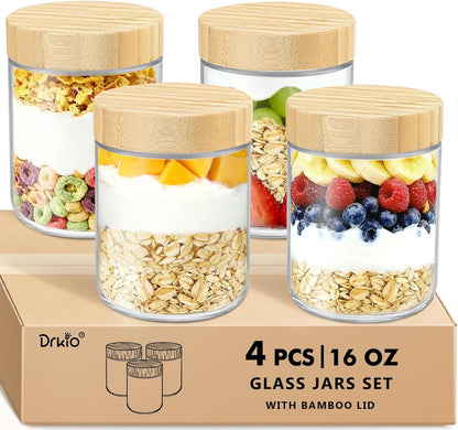 DRKIO 10 Oz Overnight Oats Containers with Bamboo Lids - 4 Pack Glass Storage Jars with Airtight Lids Wide Mouth Mason Food Jars Great for Meal Prep Salad Chia Pudding Snacks Yogurt Sugar Spice