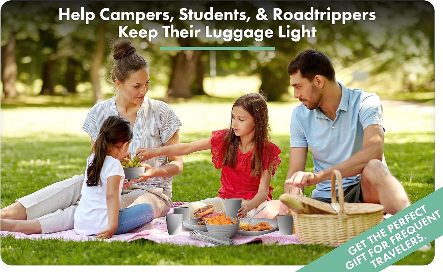 FOODLE Wheat Straw Dinnerware Set - BPA Free & Safety Tested - Microwave & Dishwasher Safe Dishes - Perfect for Camping, Picnic, RV, Dorm - Plates, Cups and Bowls - Great for Kids & Adults - For 4