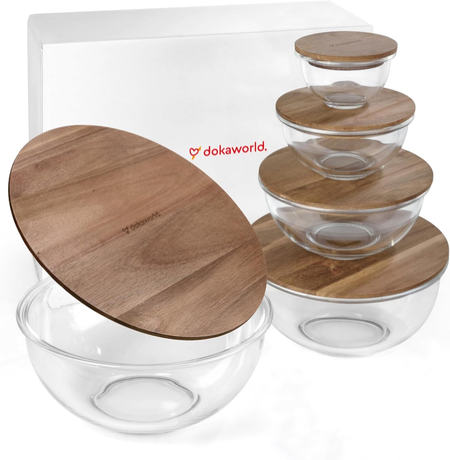 Set of 4 Stackable Space-Saving Nesting Glass Bowls with Airtight Acacia Lids for Lunch, Meal & Food Prep - Microwave & Oven-ready BPA Free Durable Heat Resistant Inert Borosilicate Glass