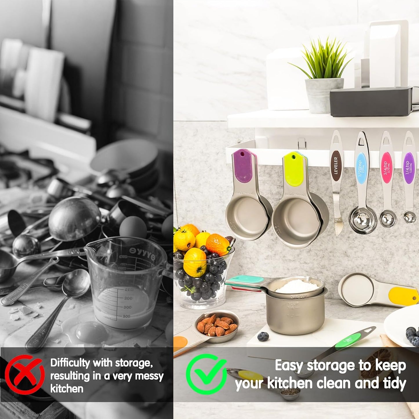 Magnetic Measuring Cups and Spoons Set, 5 Stainless Steel Measuring Cups for Dry and Liquid Ingredients, 7 Magnetic Measuring Spoons, 3 Plastic Measuring Cup with 1 Measuring Conversion Chart