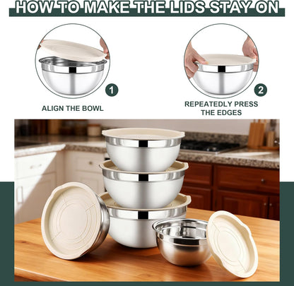 7 Piece Stainless Steel Mixing Bowls with Lids Set - Khaki Nesting Metal Mixing Bowls for Kitchen, Sizes 4.5, 4, 3.5, 2.1, 1.5, 1.1, 0.7 Qt for Baking, Cooking and Serving, Dishwasher Safe