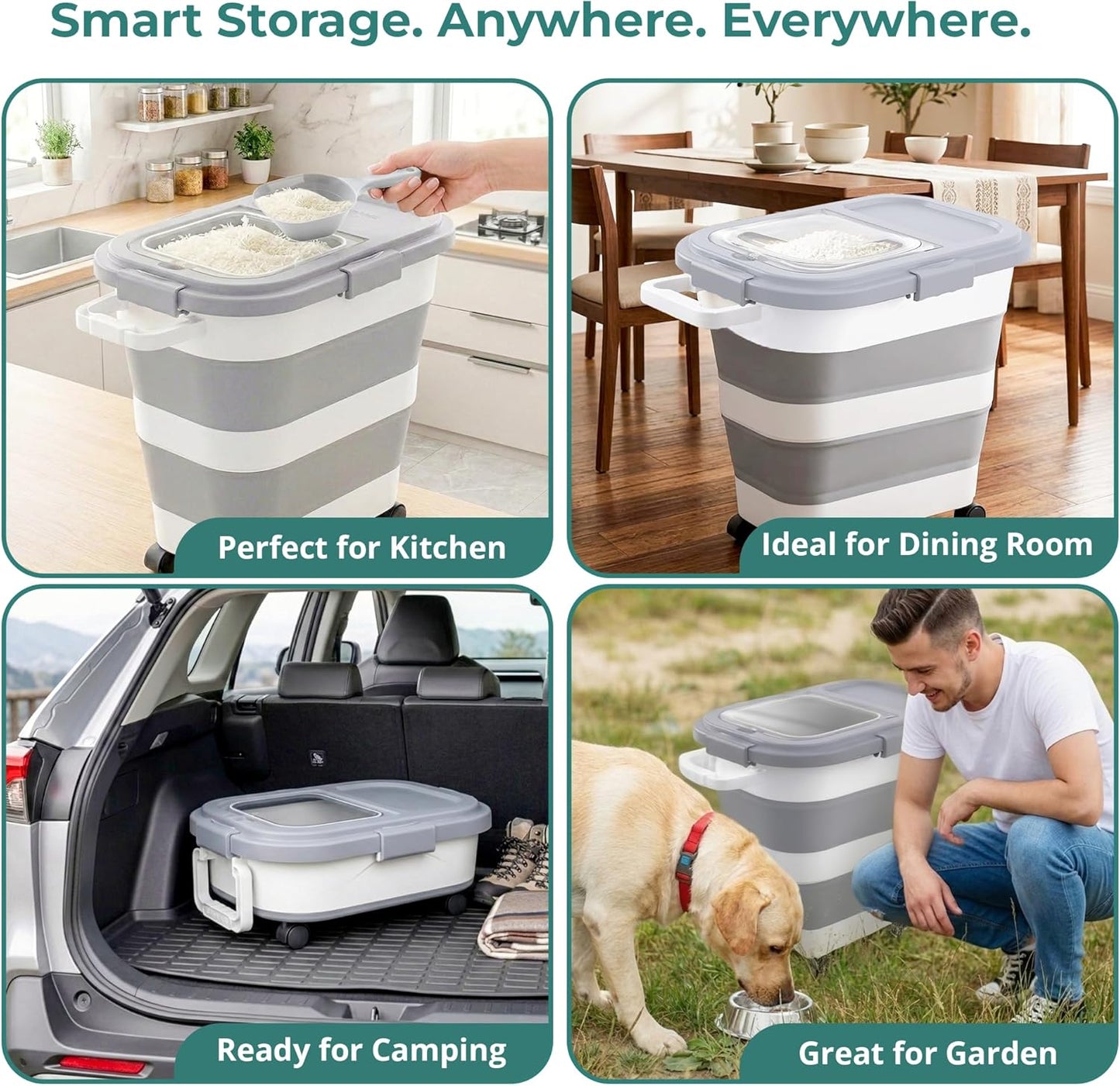 Home & Hearthly Collapsible Rice Storage Container 25–35 lbs, Airtight, Space-Saving Food Storage Bin with Wheels and Measuring Cup, Easy-Pour Grain Dispenser for Rice, Flour and Pet Food