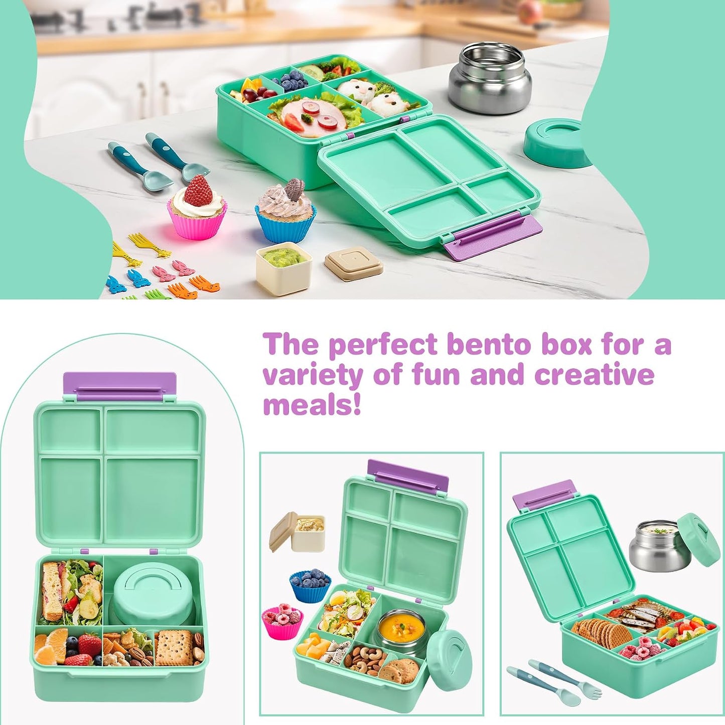 Bento Lunch Box with 9.5 oz Soup Thermo, Kids Leakproof 4 Compartments Bento Box with Silicone Cupcake,Fruit Fork,Spoon and Sauce Cup,Insulated Food Jar for School Travel-Black