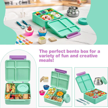 Bento Lunch Box with 9.5 oz Soup Thermo, Kids Leakproof 4 Compartments Bento Box with Silicone Cupcake,Fruit Fork,Spoon and Sauce Cup,Insulated Food Jar for School Travel-Black