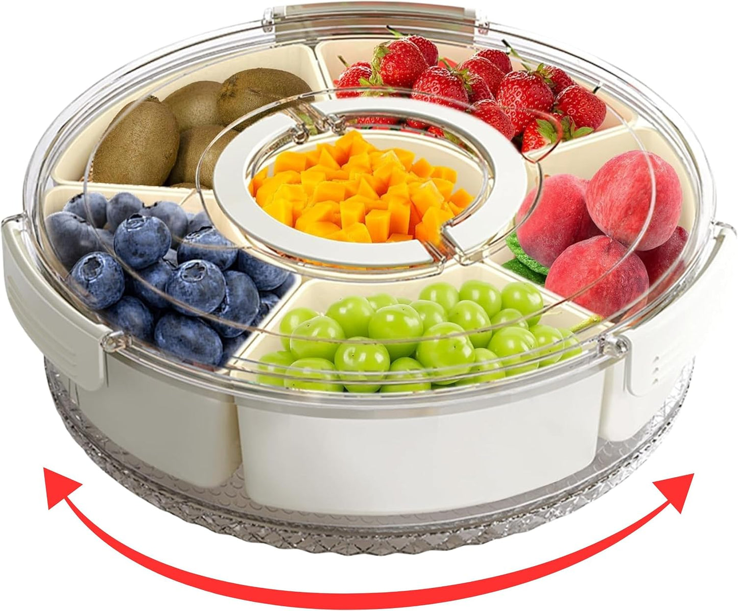 12" Divided Rotating Serving Tray with Lid and Handle — Clear Snack Spinner Organizer and Storage 12 Inch Portable Snackle Box for Fruits Snacks Veggie Charcuterie with 6 Compartments