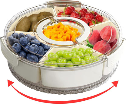 12" Divided Rotating Serving Tray with Lid and Handle — Clear Snack Spinner Organizer and Storage 12 Inch Portable Snackle Box for Fruits Snacks Veggie Charcuterie with 6 Compartments