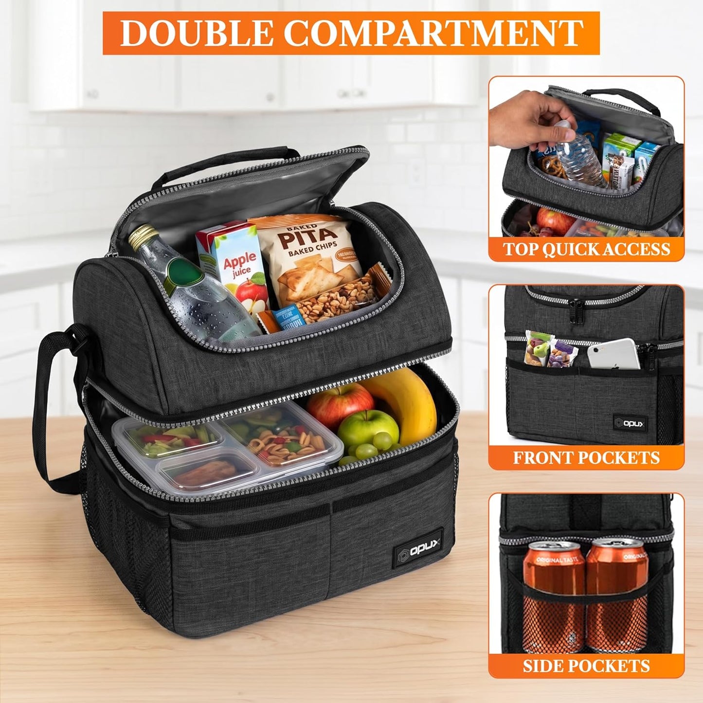 opux Insulated Lunch Bag for Men Women, Double Decker Leakproof Lunch Box Cooler Tote with Shoulder Strap, Large Lunchbox for Work School Travel Meal Prep, Adults Kids Boys Girls, Green, 16 Cans