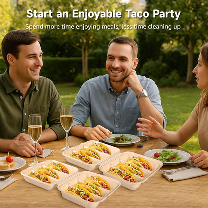 100 PCS Taco Plates Disposable with Lid 8.4 * 7.1 * 3in, 3-Slot Taco Holder, Bagasse Pulp Takeout Food Holders for Tacos, Hot Dogs, Sandwiches, Outdoor Lunch and Party Serving (100Pcs)