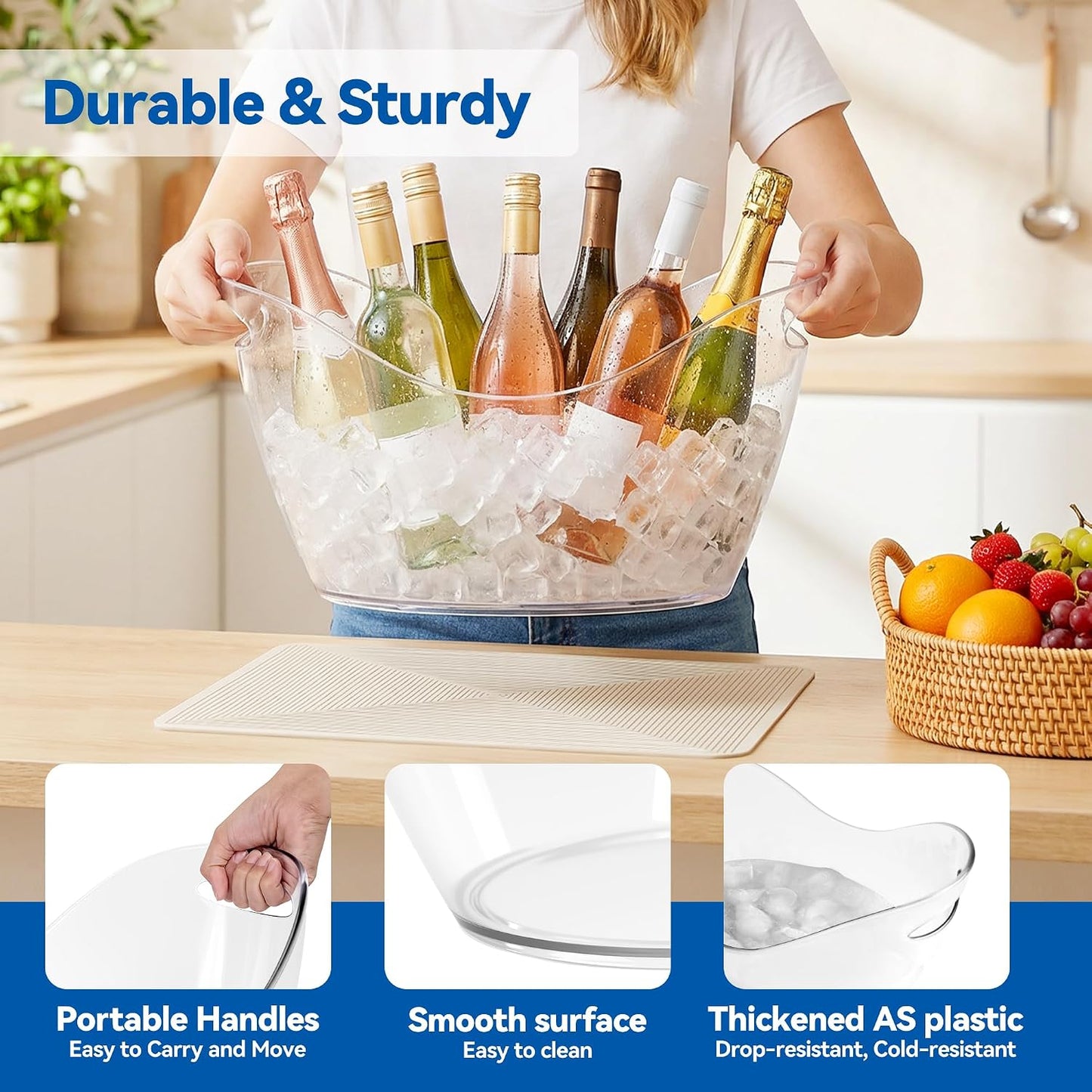 15L & 10L Large Ice Buckets for Parties, 2 Pcs Clear Acrylic Champagne Wine Buckets Durable Plastic Beverage Tub with Scoop and Drip Mat for Party, Cocktail Bar, Mimosa Bar(4 & 2.7 Gallon)