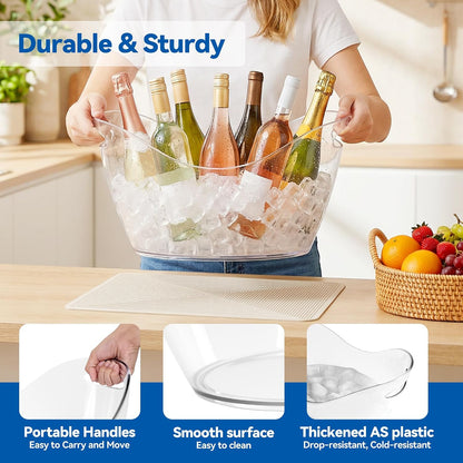 15L & 10L Large Ice Buckets for Parties, 2 Pcs Clear Acrylic Champagne Wine Buckets Durable Plastic Beverage Tub with Scoop and Drip Mat for Party, Cocktail Bar, Mimosa Bar(4 & 2.7 Gallon)