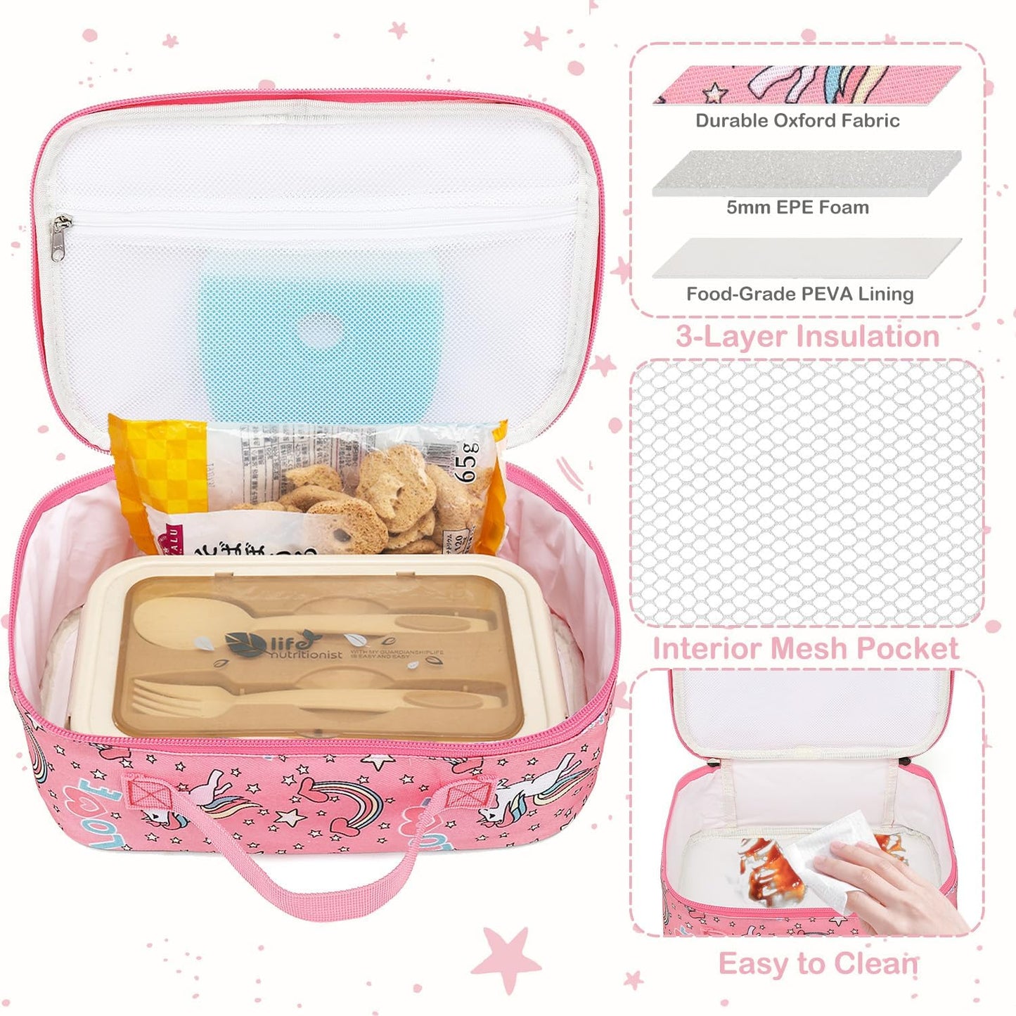 FlowFly Kids Lunch box Insulated Soft Bag Mini Cooler Back to School Thermal Meal Tote Kit for Girls, Boys, Black