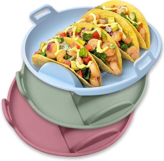 Silicone Taco Holders Plates - 3PCS Reusable Tacos Serving Tray Set with 4 Dividers, Dishwasher & Microwave Safe Shell Mold Tortilla Stand for Home Kitchen Fiesta Party Supplies (Green, Blue)