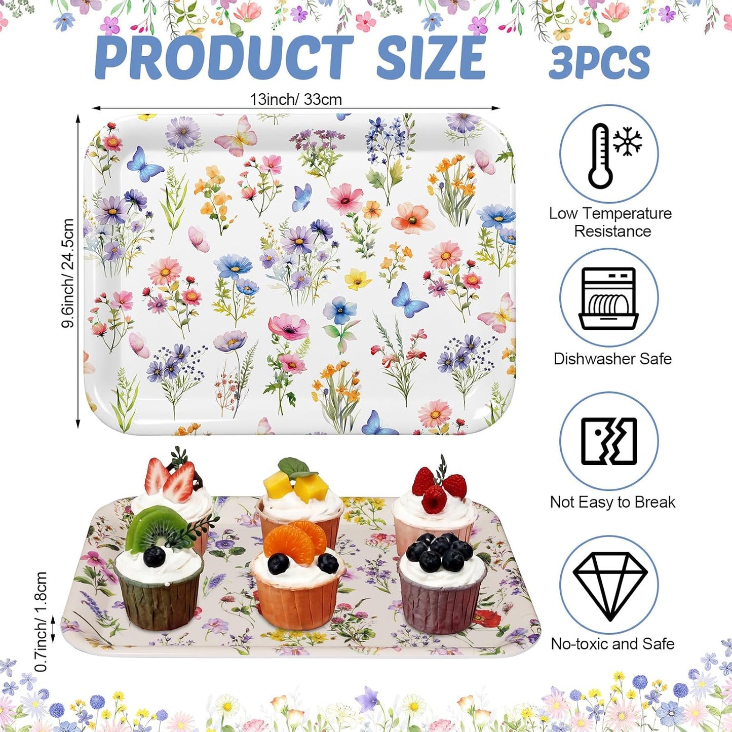 Vesici 3 Pcs Cherry Bow Serving Trays 13 x 10 Inch Pink Bow Cherry Melamine Platters Reusable Rectangular Serving Dishes for Coquette Wedding Baby Shower Birthday Party Sharing Snack Fruit Dessert