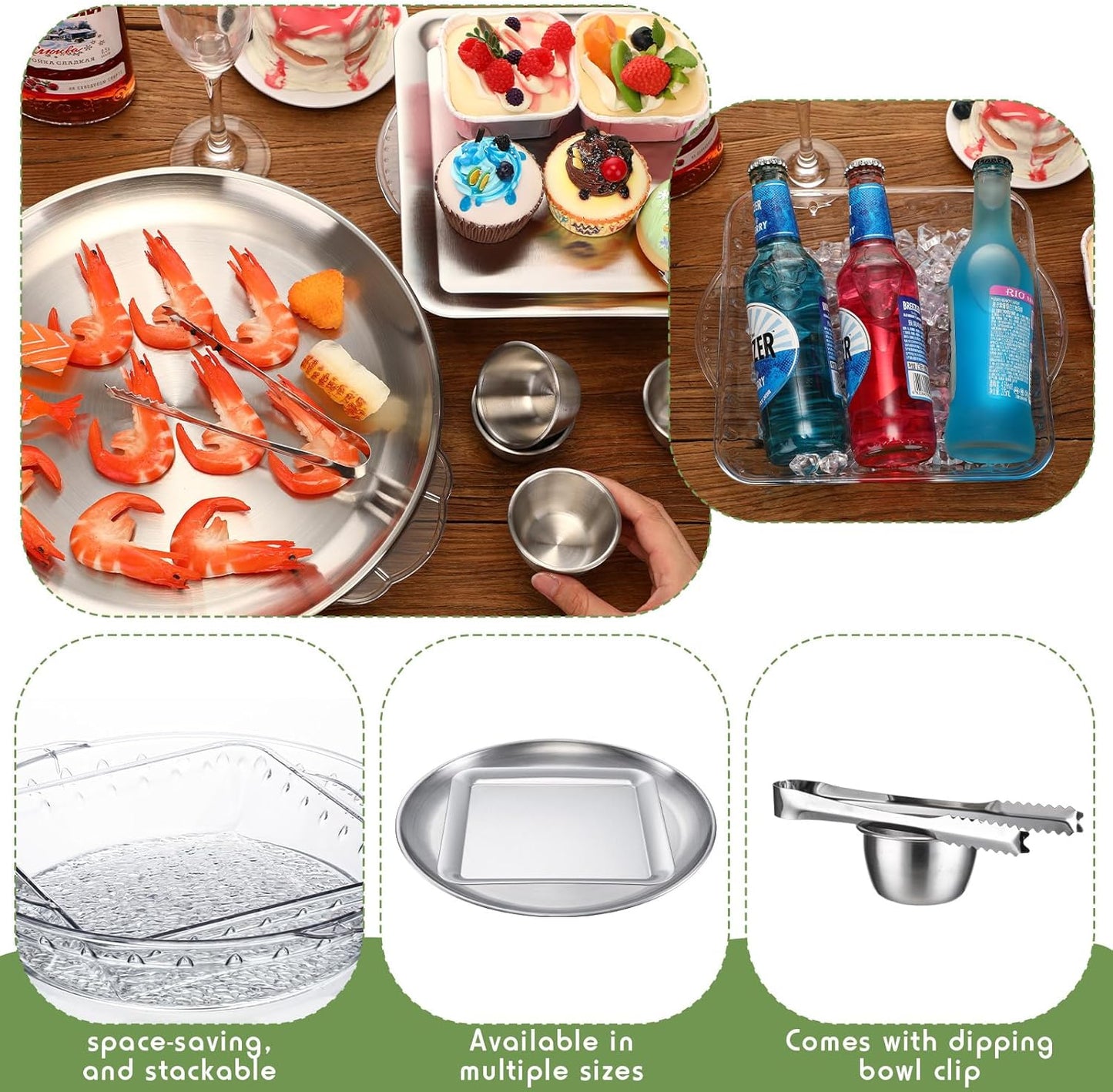 Baderke 4 Set 11.8" Chilled Serving Tray for Parties with Compartments 9" Ice Chilled Party Platter Charcuterie Serving Board 1.7 oz Dipping Bowls with Tongs for Fruit Seafood Vegetable (Natural)