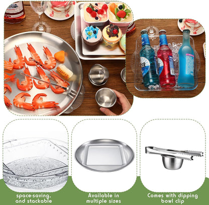 Baderke 4 Set 11.8" Chilled Serving Tray for Parties with Compartments 9" Ice Chilled Party Platter Charcuterie Serving Board 1.7 oz Dipping Bowls with Tongs for Fruit Seafood Vegetable (Natural)