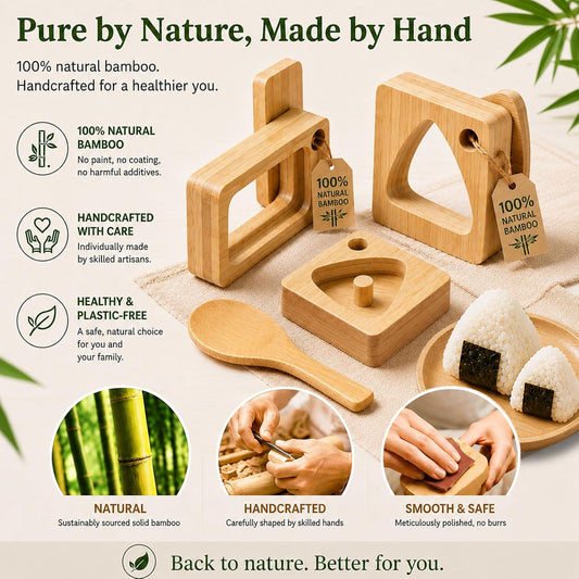 Natural Bamboo Onigiri Mold Set, 4Pcs Japanese Triangle & Musubi Rice Press
