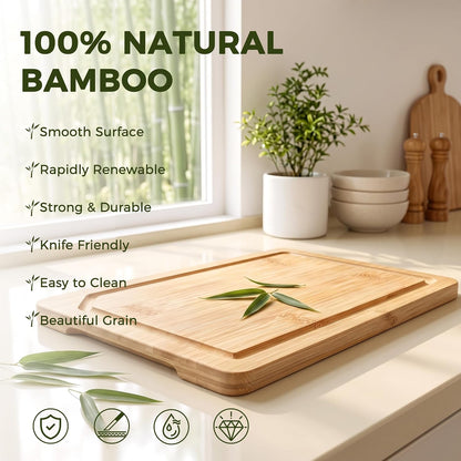 Kikcoin 17"×11" Bamboo Cutting Boards for Kitchen, Knife-Friendly Food Grade Wooden Cutting Boards for Kitchen, Charcuterie, Extra Large Chopping Boards with Deep Juice Groove, Reversible, Natural